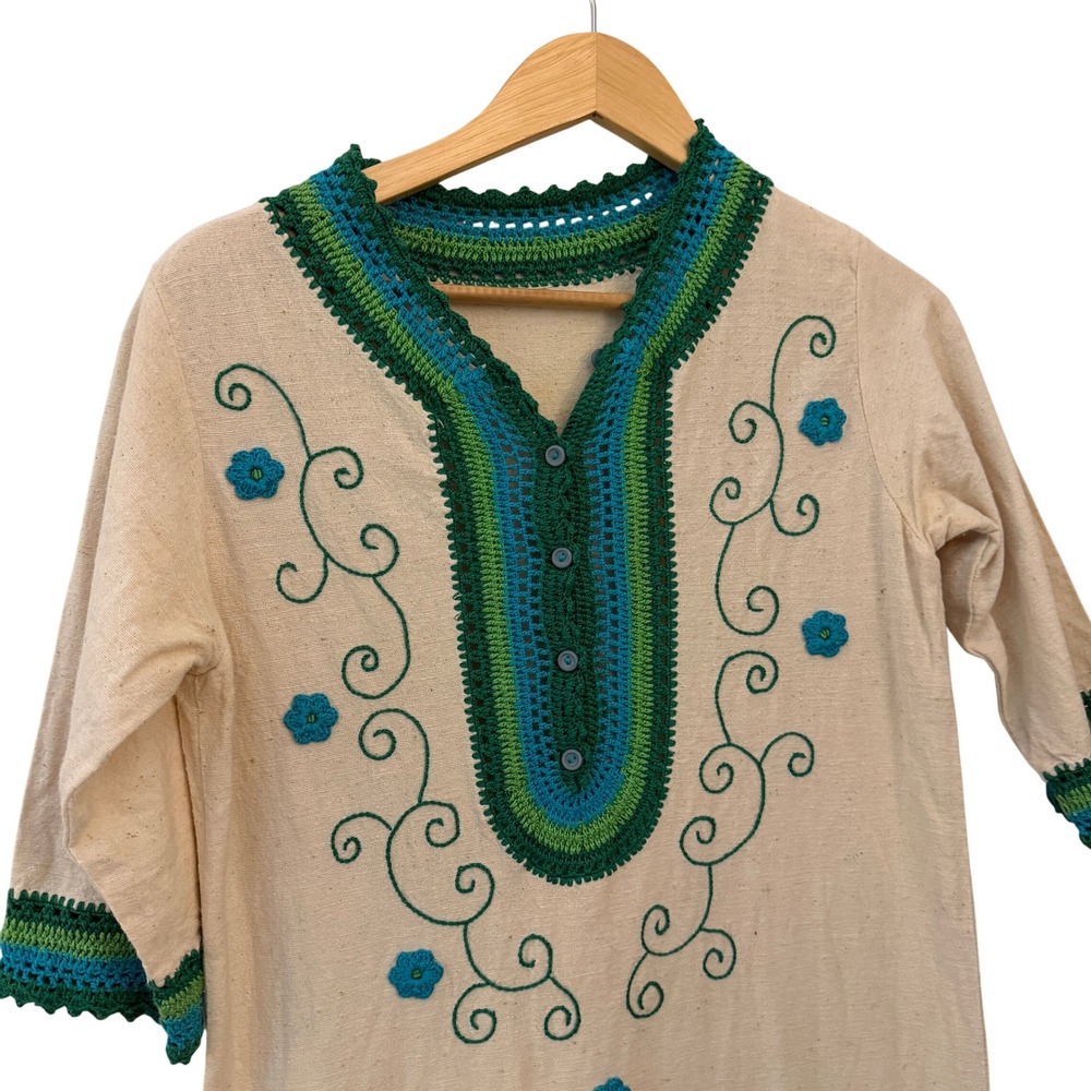 Handmade Crochet Maxi Dress M Cream Green Boho Festival Vintage Embroidered - Picture 3 of 6